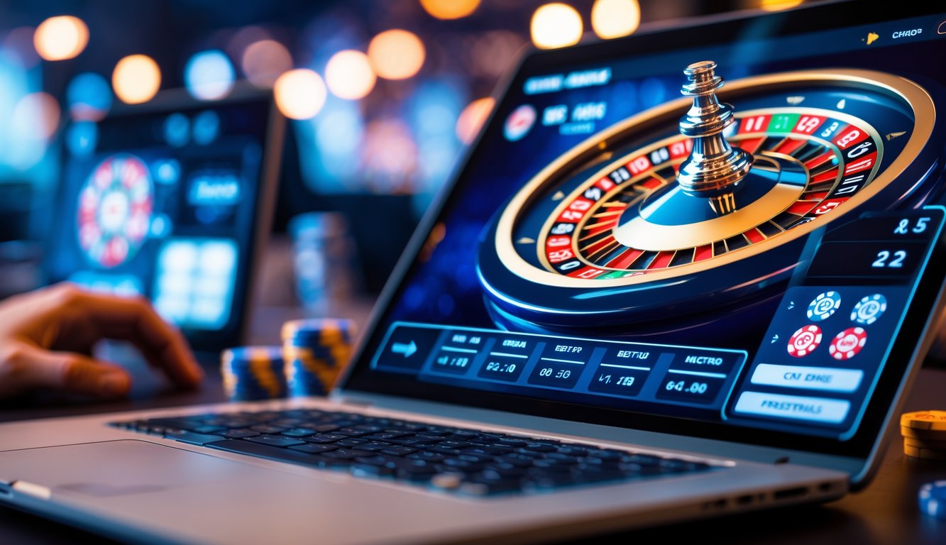 Tampilan komputer dengan permainan roulette online yang menampilkan roda roulette digital dan opsi taruhan.
