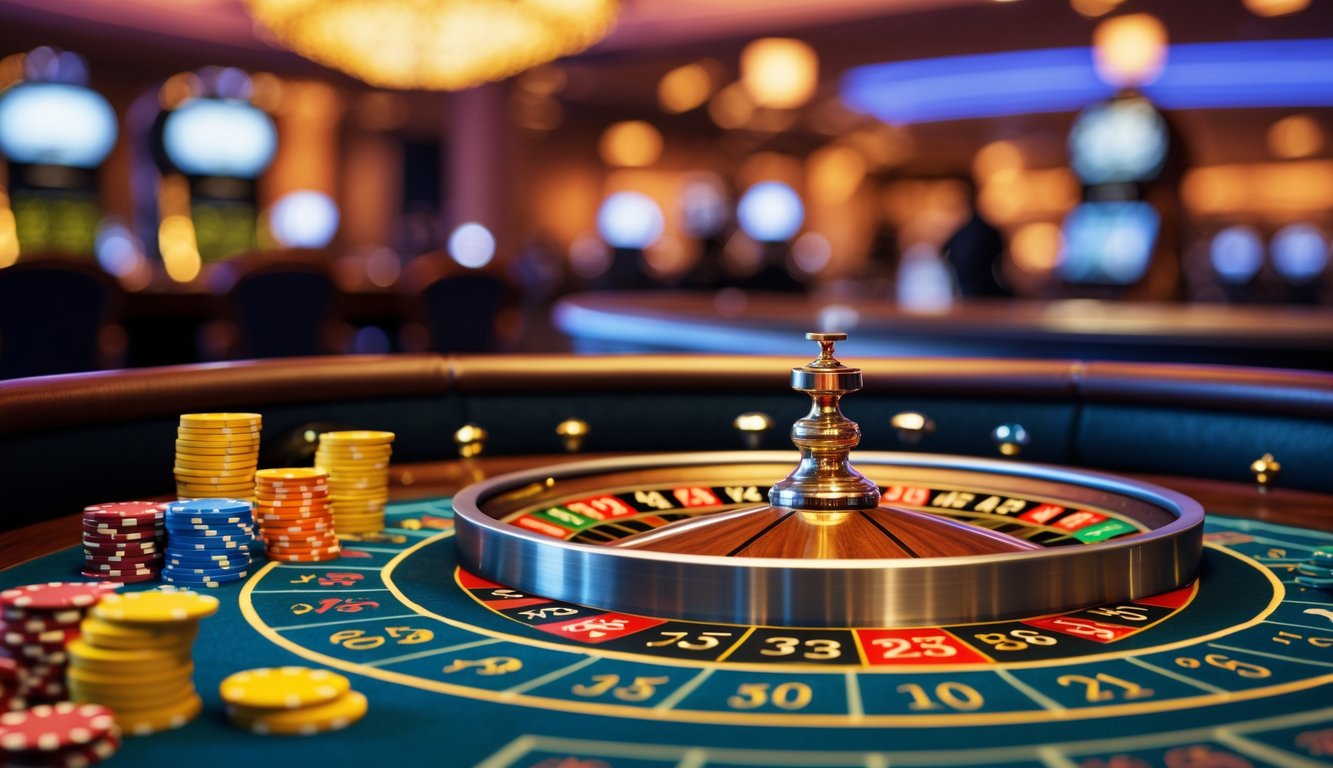 Meja roulette dengan roda berputar dan tumpukan chip di kasino.
