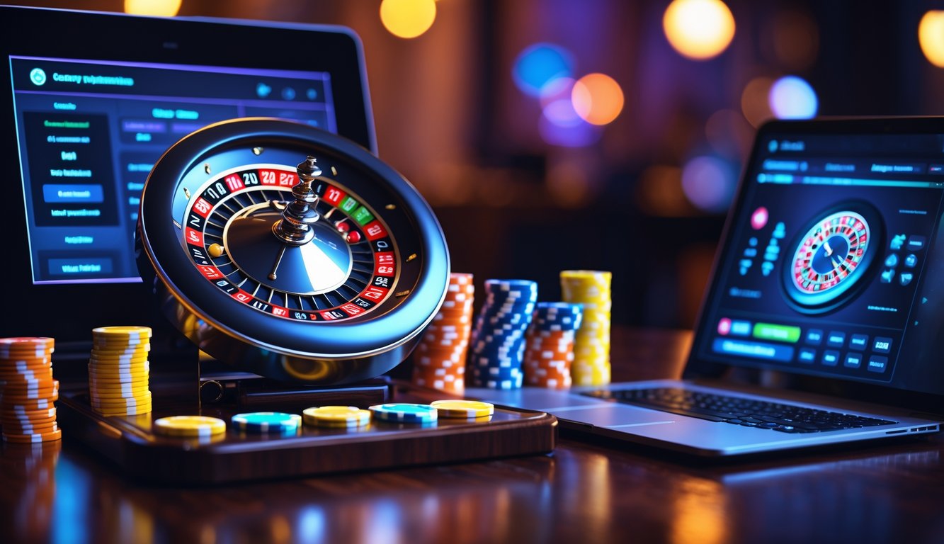 Meja roulette modern dengan roda roulette, chip warna-warni, dan perangkat digital yang menampilkan permainan roulette online.