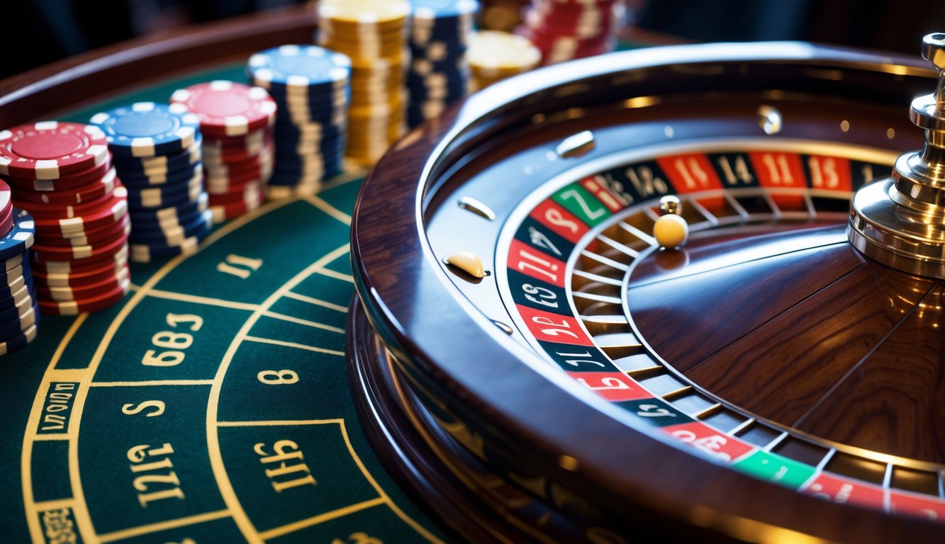 Meja roulette dengan roda berputar dan tumpukan chip taruhan berwarna-warni di kasino.