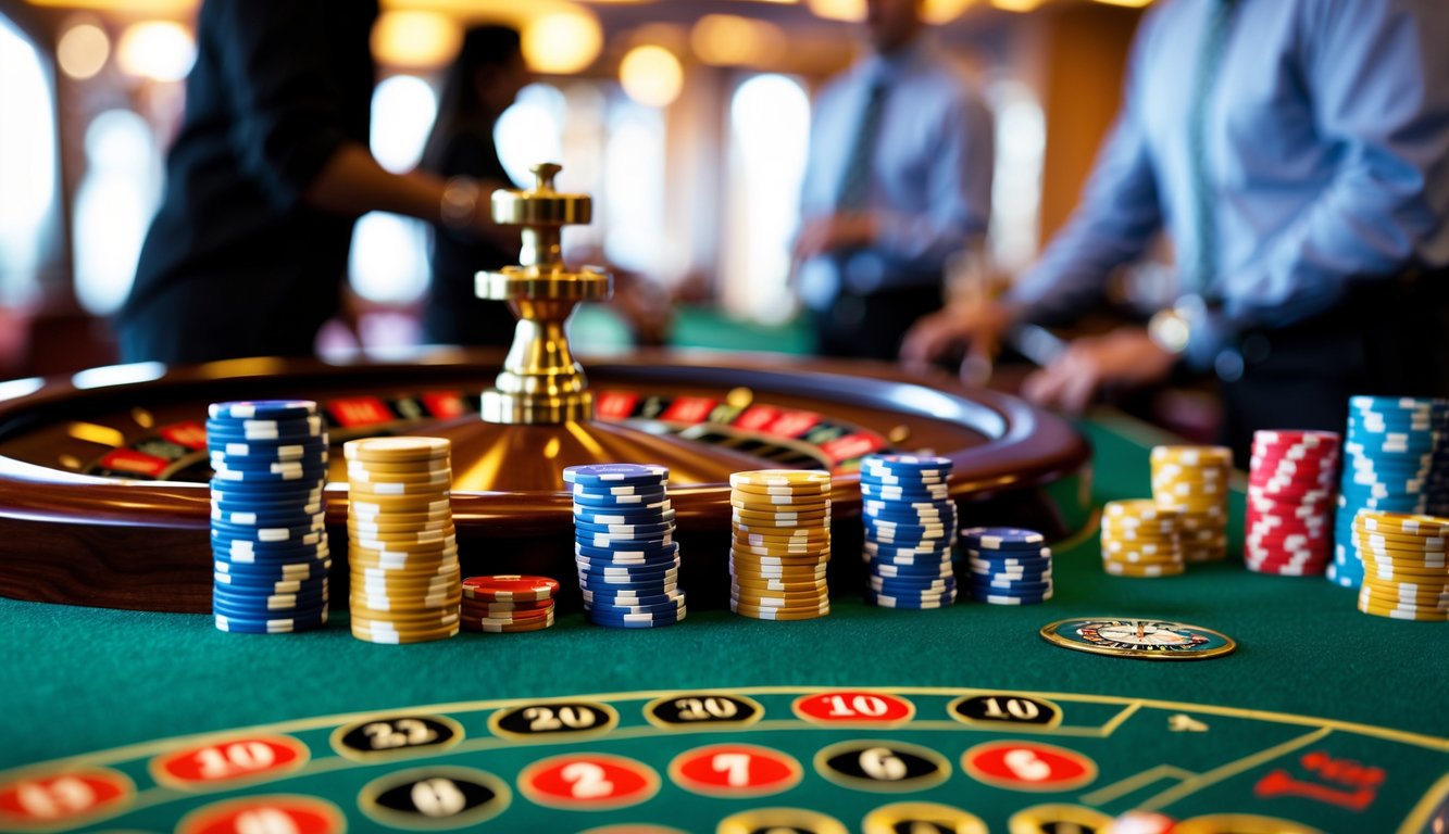 Meja roulette kasino dengan roda roulette yang sedang berputar dan tumpukan chip taruhan di atas meja hijau.