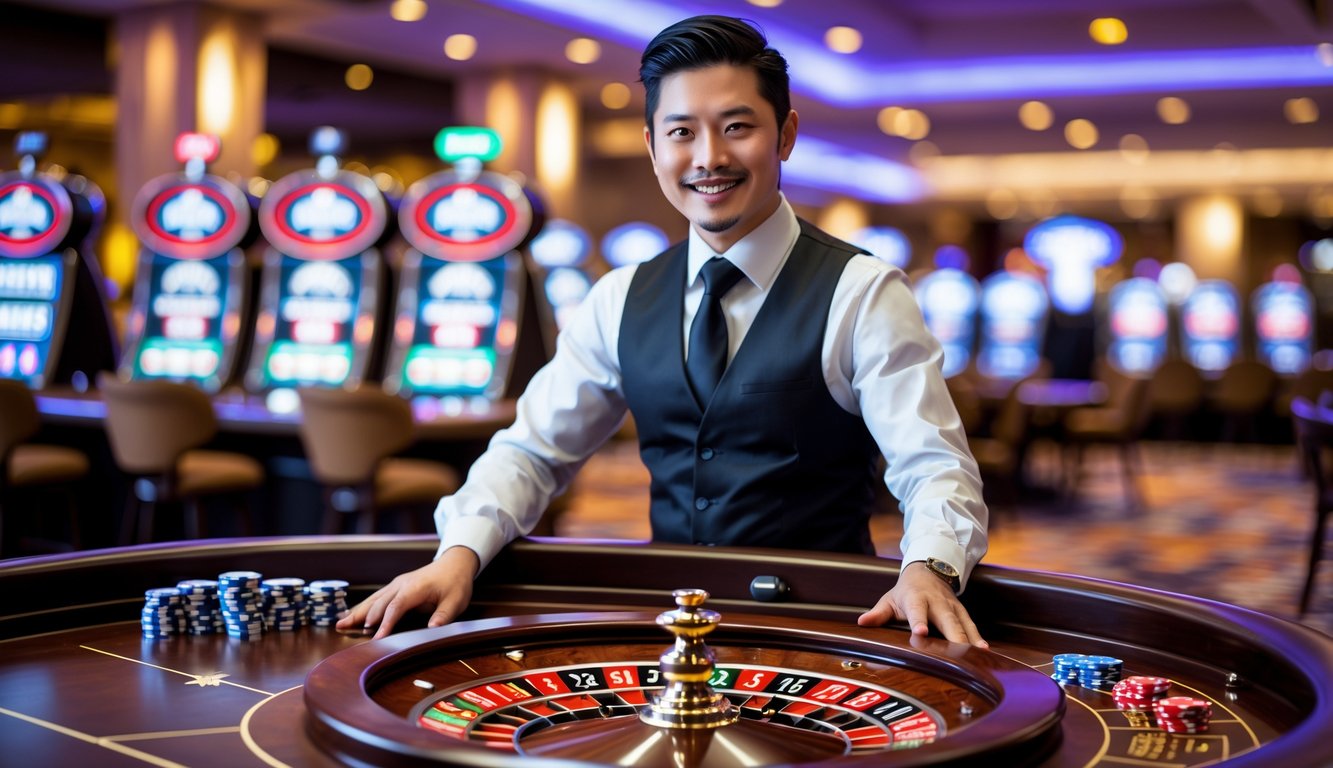 Seorang dealer roulette langsung berdiri di belakang meja roulette dengan roda roulette yang sedang berputar di kasino.
