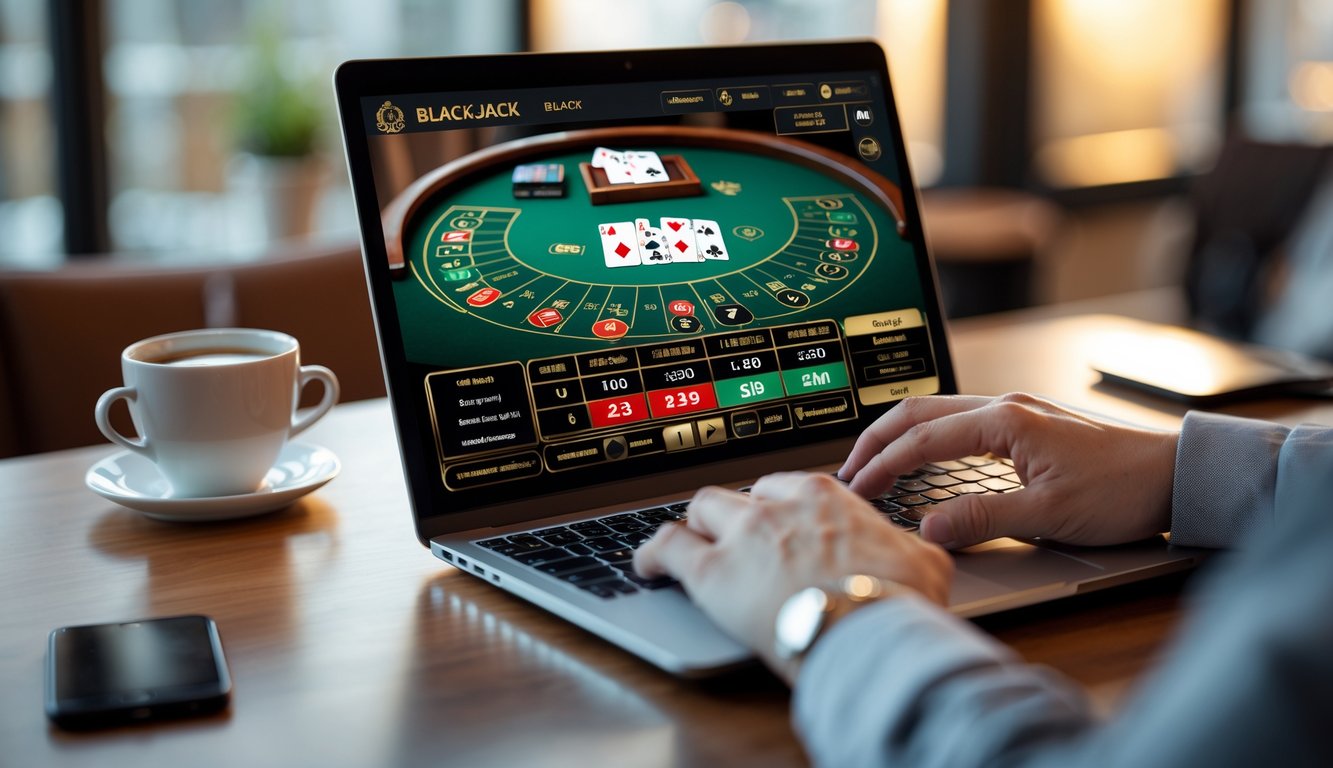 Seseorang bermain blackjack online di laptop dengan kartu dan chip terlihat di layar, di meja kayu dengan secangkir kopi dan ponsel di samping.