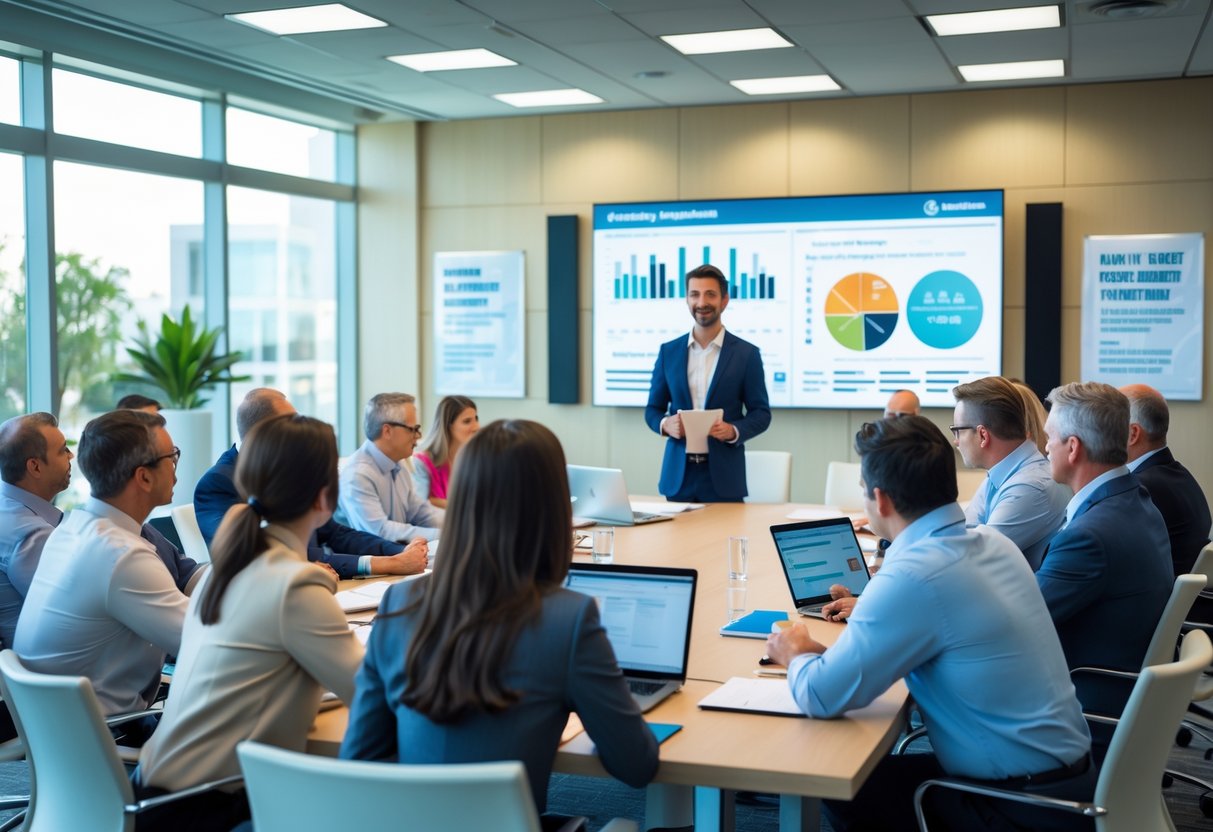 Un groupe de professionnels en formation dans une salle de conférence moderne, avec un formateur debout devant un écran numérique, tous attentifs et en train de prendre des notes.