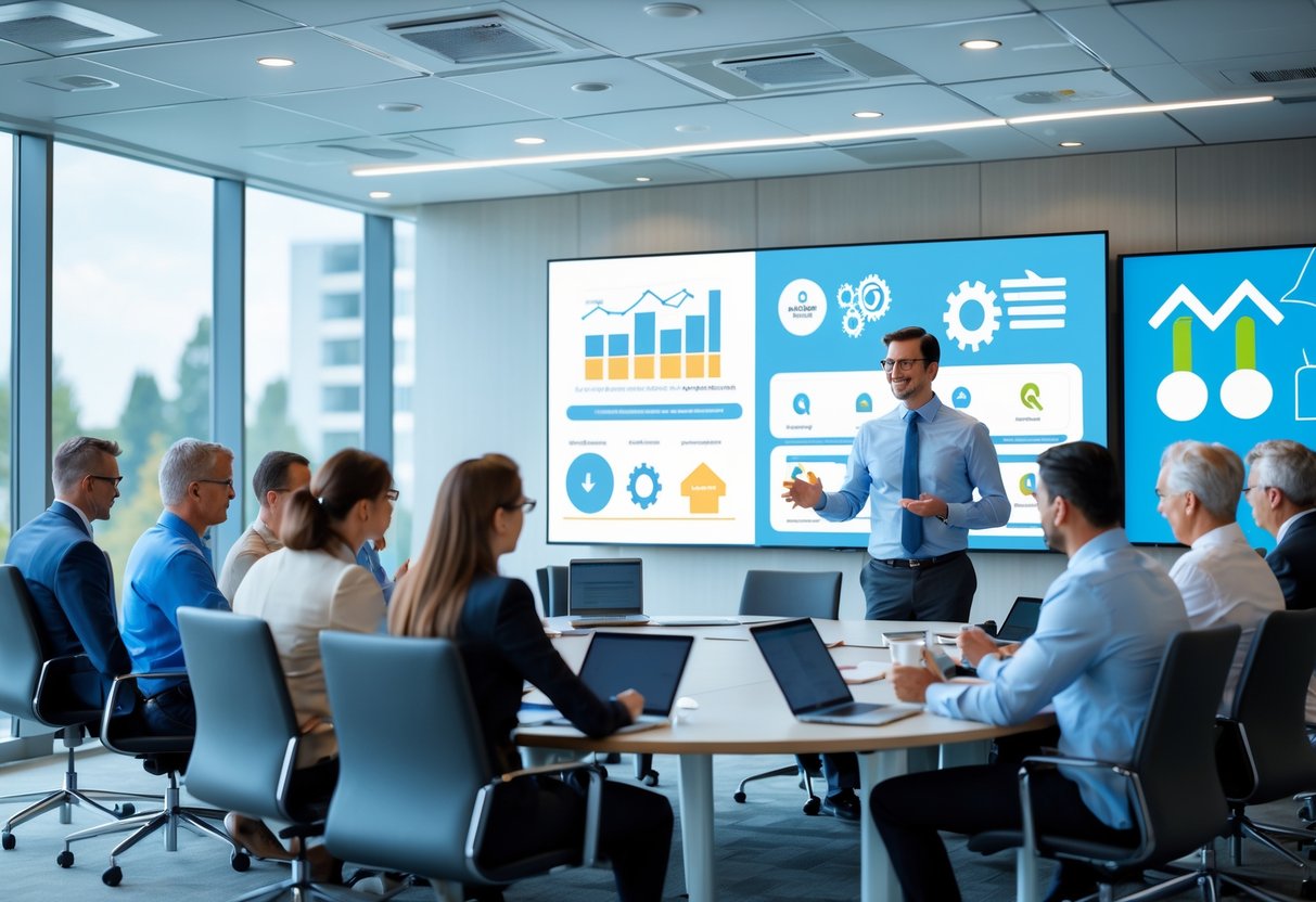Un groupe de professionnels en formation dans une salle de conférence moderne, avec un formateur présentant des graphiques sur un écran numérique, les participants prennent des notes et utilisent des appareils électroniques.