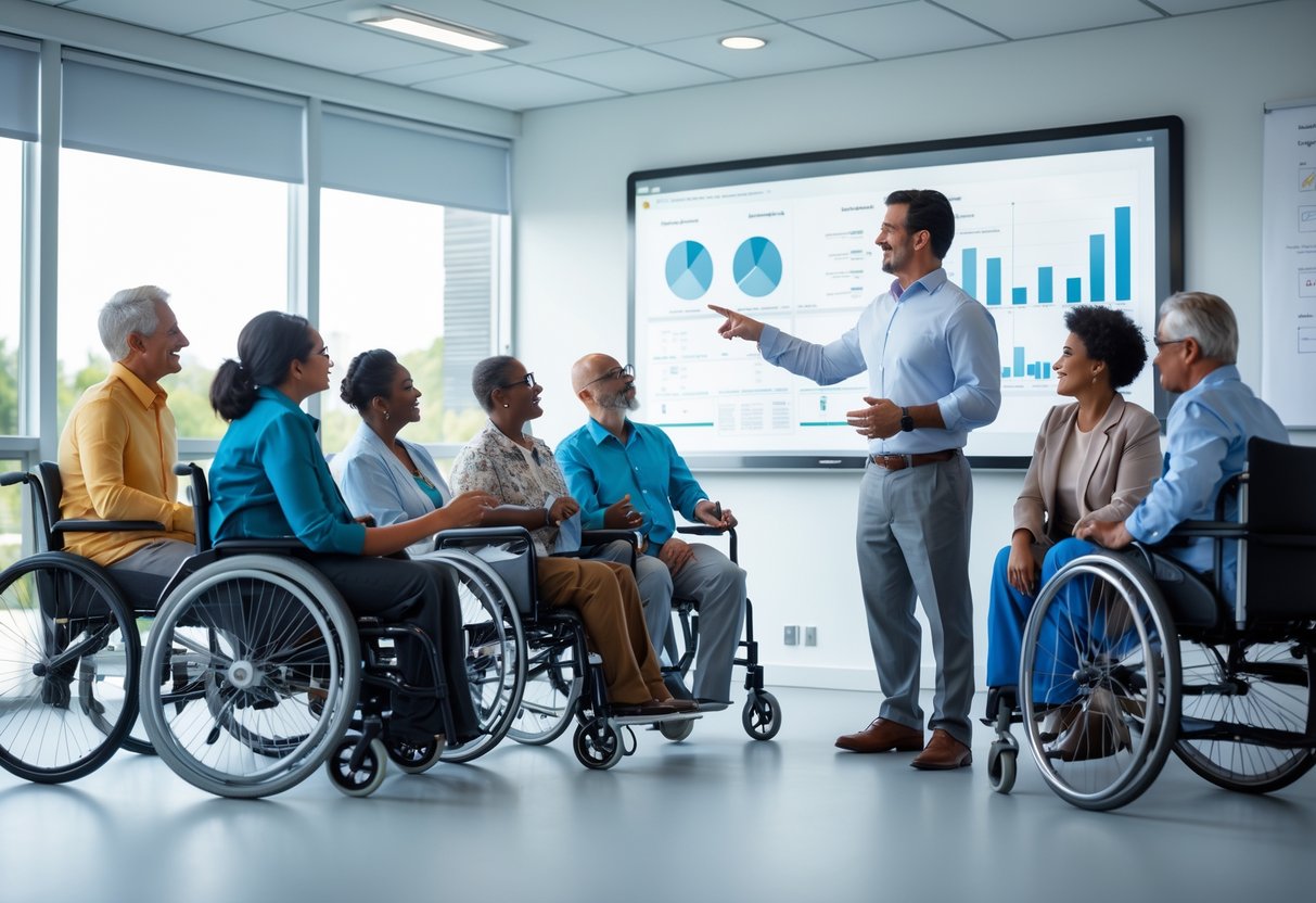 Un groupe diversifié d'adultes en formation dans une salle moderne, avec un formateur qui les guide, incluant une personne en fauteuil roulant.