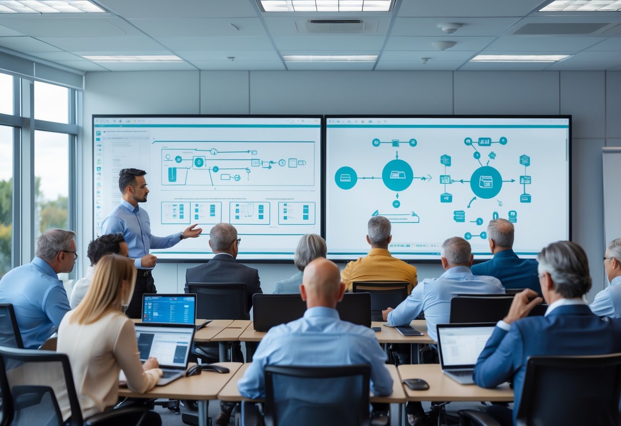 Un groupe de personnes en formation professionnelle attentive dans une salle moderne avec un formateur utilisant un tableau numérique interactif.