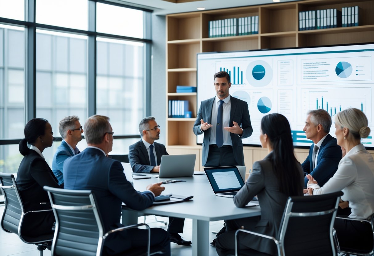 Un groupe de professionnels en formation dans une salle de conférence moderne, écoutant un formateur près d'un écran numérique.
