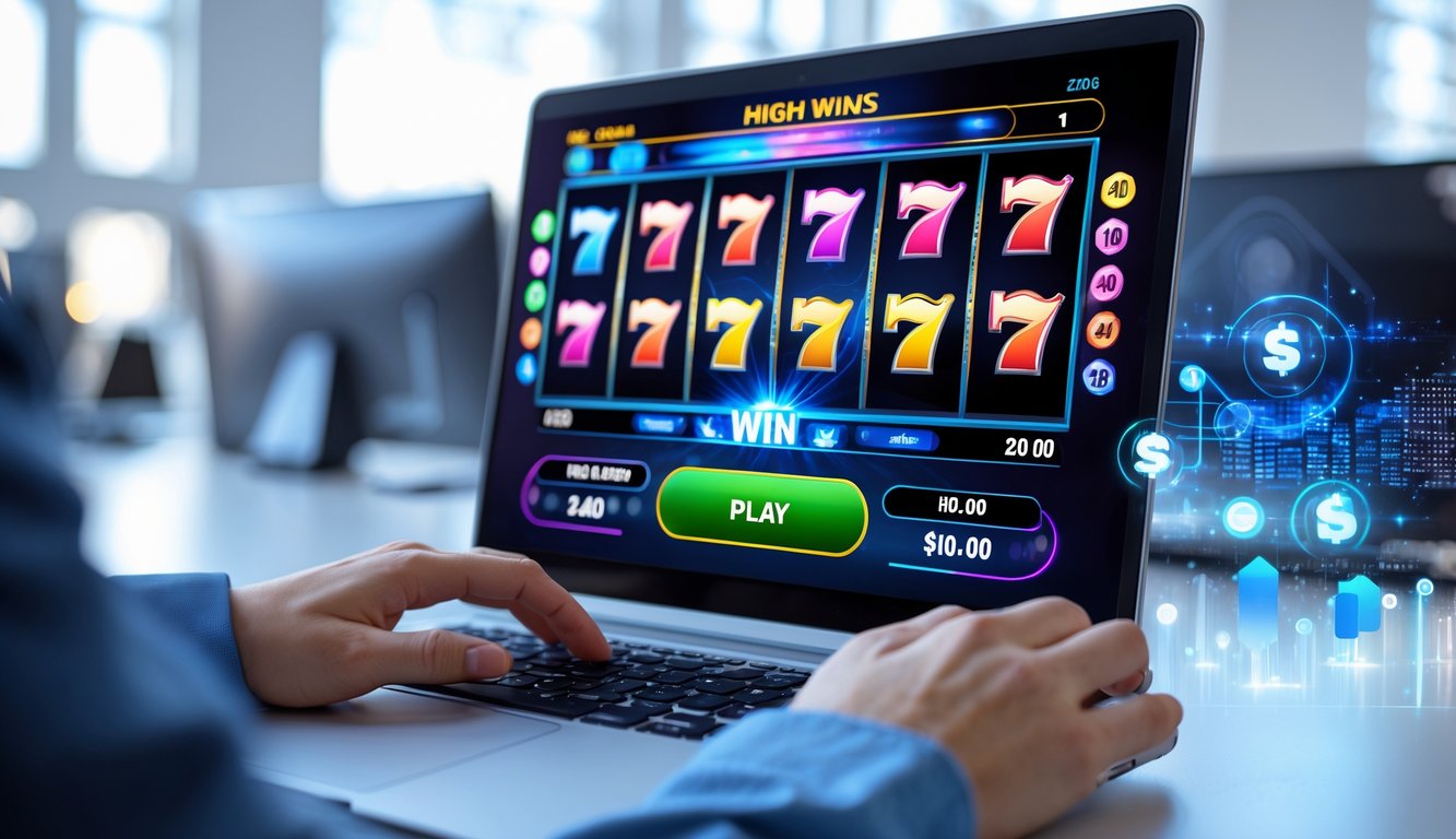 Seseorang menggunakan laptop dengan tampilan mesin slot online yang menunjukkan simbol kemenangan di layar.
