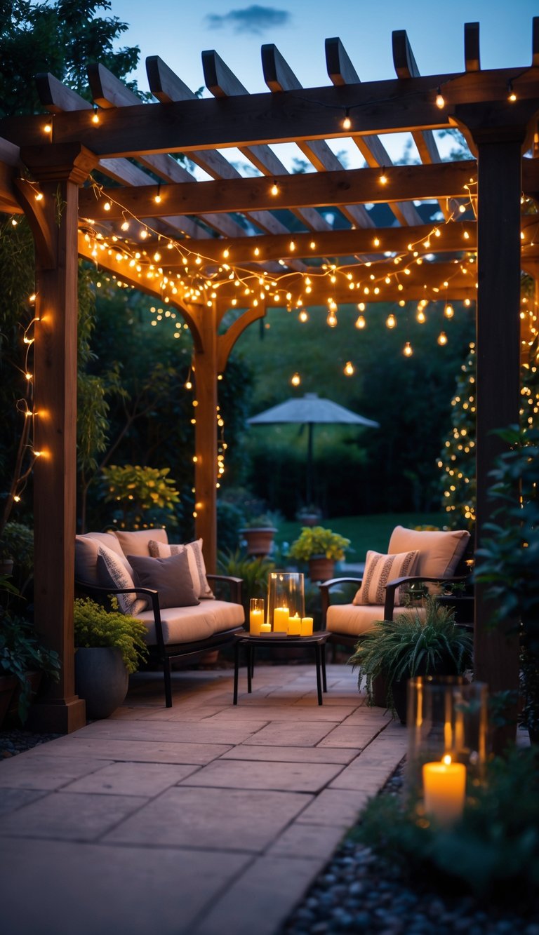 An outdoor pergola lit by warm string lights with comfortable seating and plants around it at dusk.