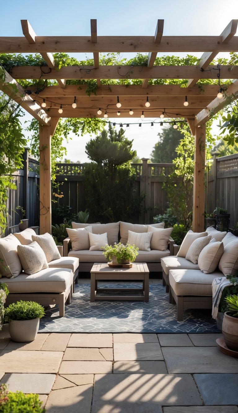 Outdoor patio with a wooden pergola, cushioned seating, and plants under natural daylight.