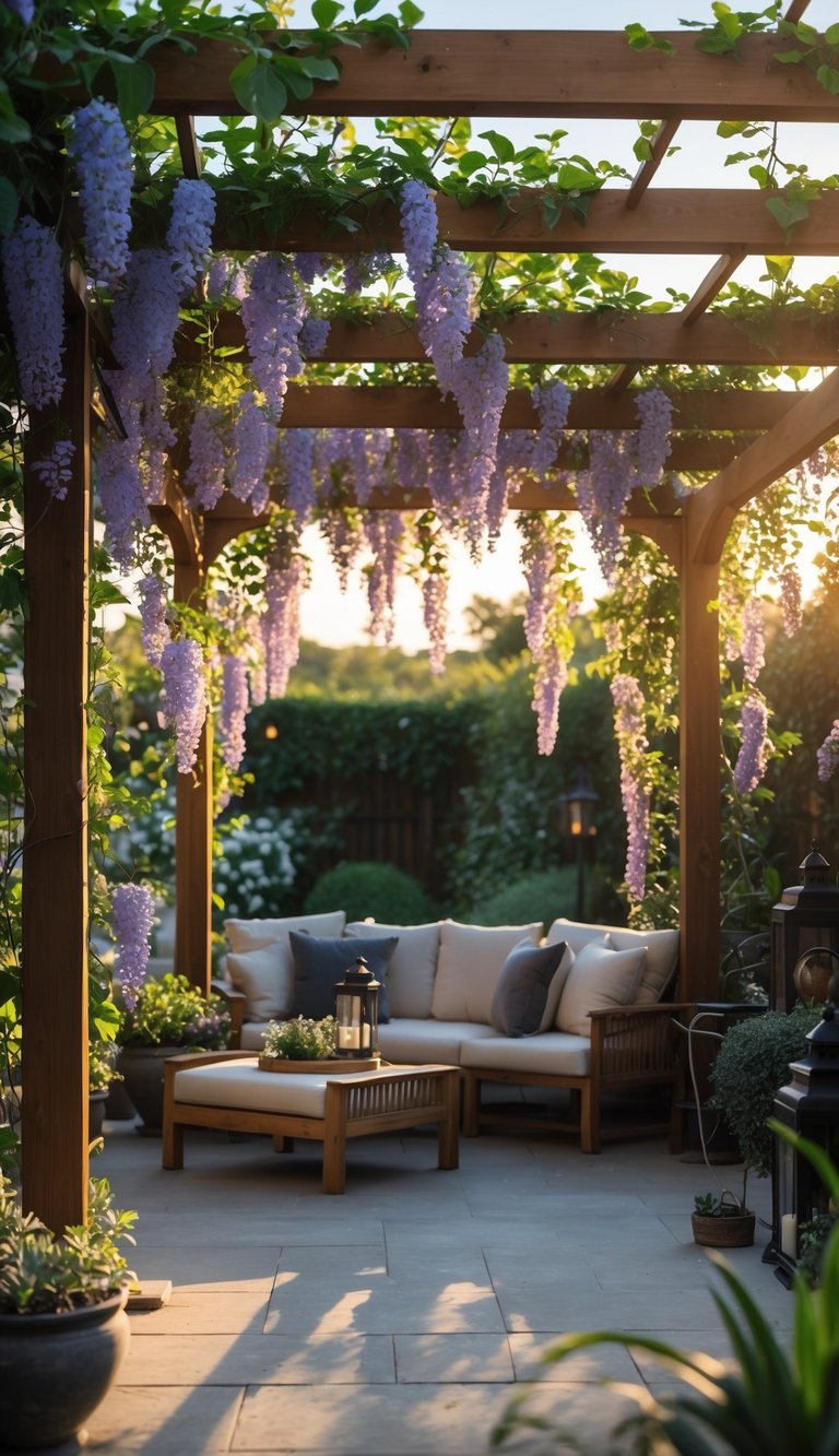 Outdoor patio with a wooden pergola covered in flowering climbing vines providing shade over comfortable seating.