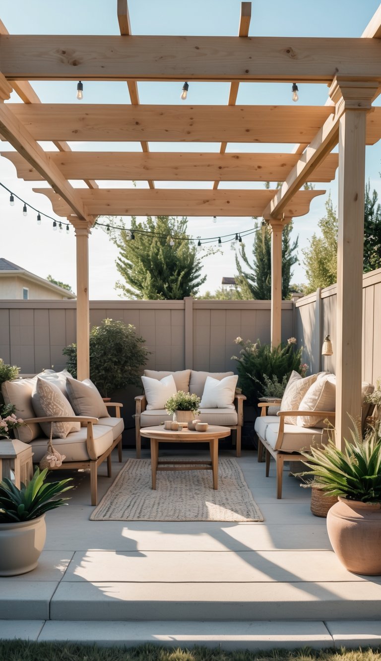 A cozy pergola on a patio with comfortable seating, plants, and soft lighting creating a peaceful outdoor space.