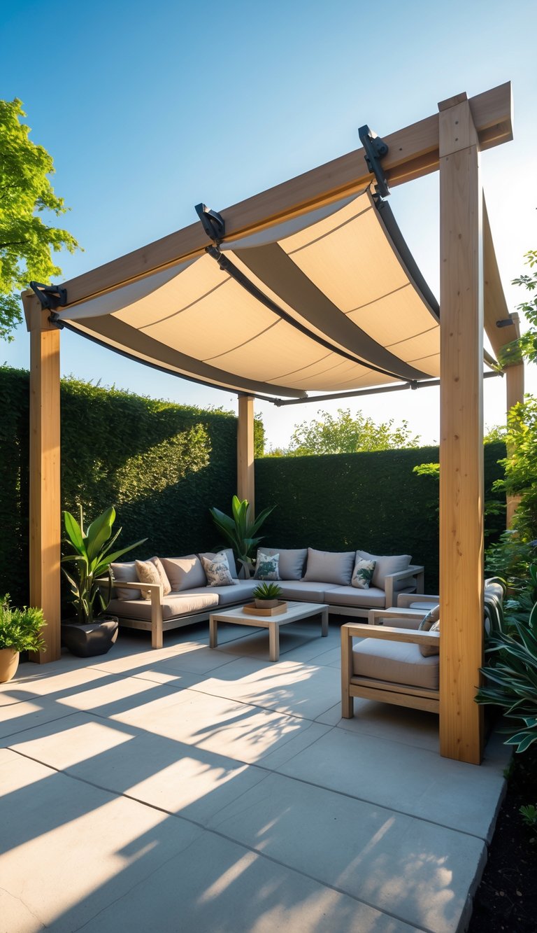 A wooden pergola with retractable fabric canopies providing adjustable shade over a patio with outdoor seating and plants.