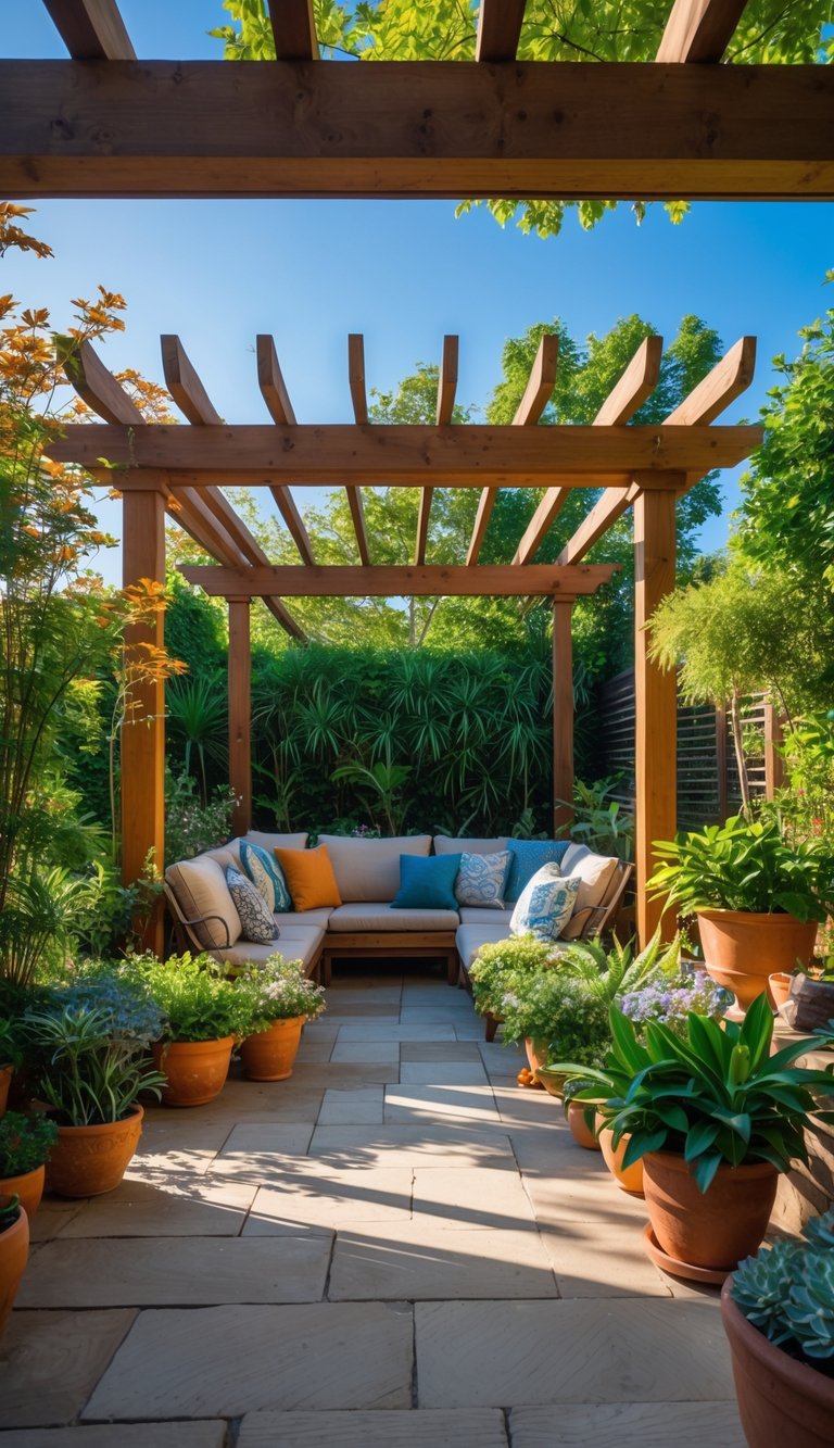 Outdoor patio with a wooden pergola surrounded by potted plants and comfortable seating.
