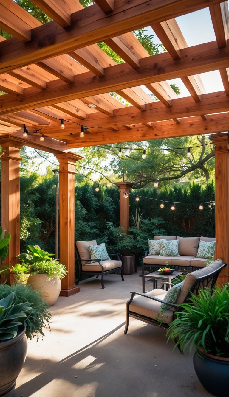 Outdoor patio with a wooden pergola made of cedar or redwood, comfortable seating, plants, and string lights.