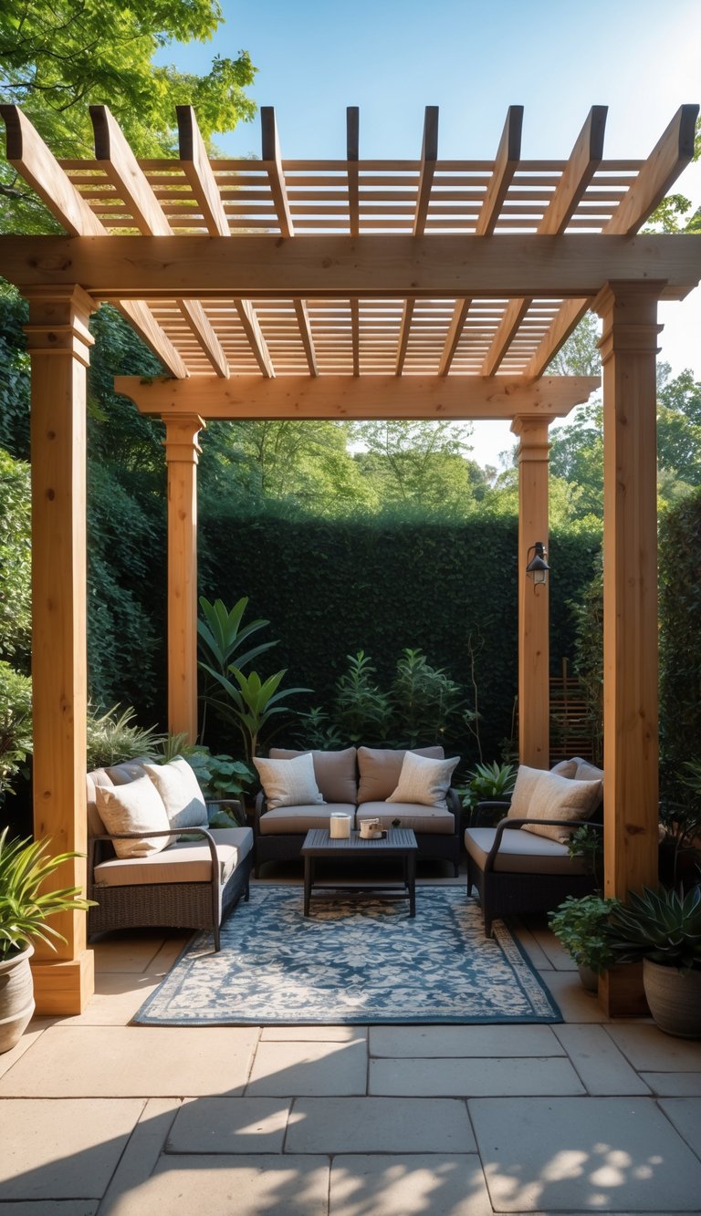 An outdoor patio with a wooden pergola, cushioned seating, and a small rug defining the seating area surrounded by plants.