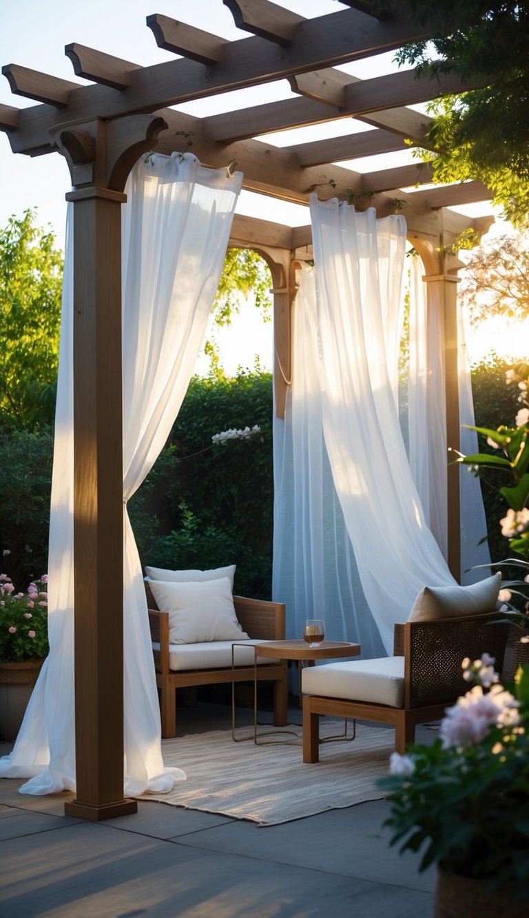 Outdoor pergola with sheer white curtains hanging and gently blowing in the breeze, surrounded by patio furniture and greenery.