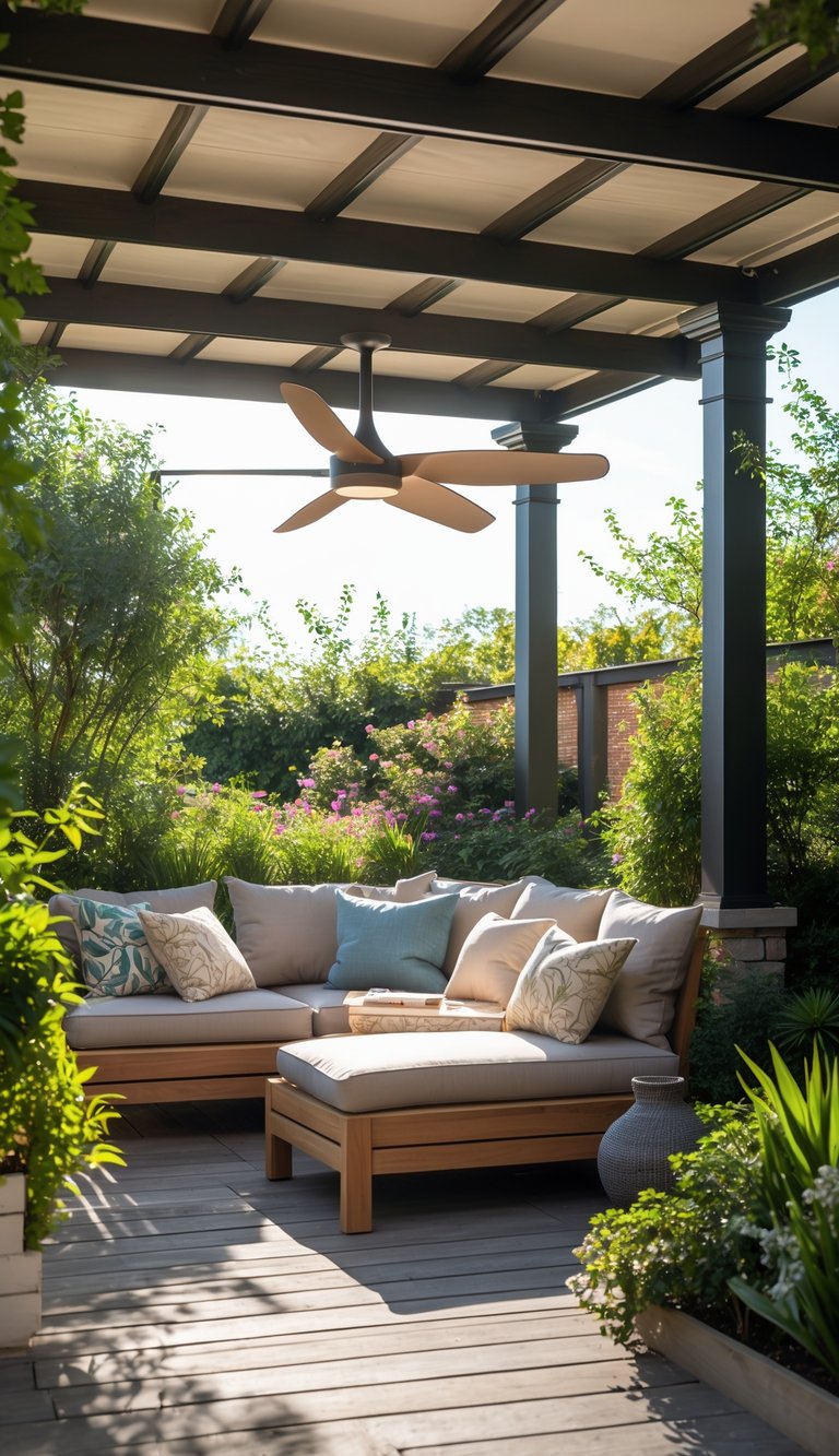 An outdoor pergola with comfortable seating and a ceiling fan surrounded by plants on a sunny day.