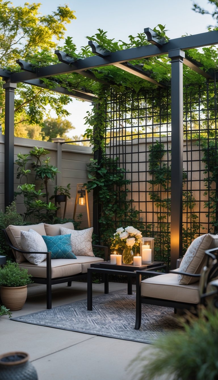 An outdoor patio with a pergola and a green trellis screen providing privacy, furnished with comfortable seating and decorative plants.