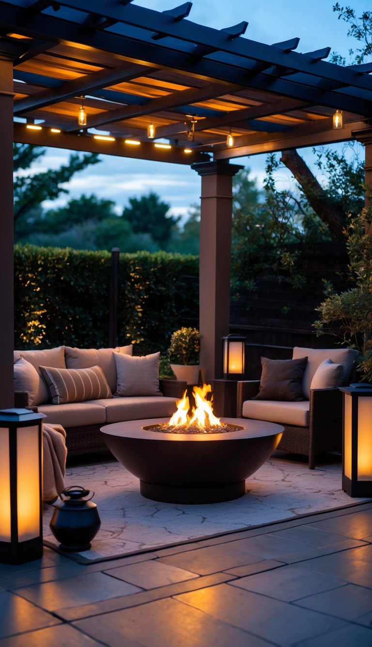 Outdoor patio with a pergola, a fire pit, heaters, and comfortable seating surrounded by plants.
