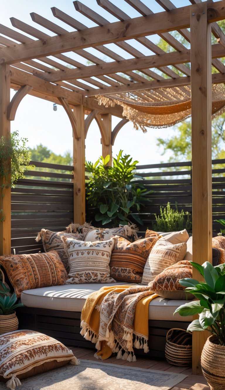 An outdoor patio with a wooden pergola and a cozy seating area decorated with multiple pillows and throws, surrounded by green plants.