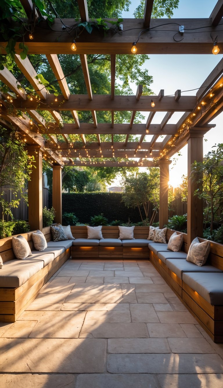 Outdoor patio with a wooden pergola featuring built-in benches and surrounded by plants.