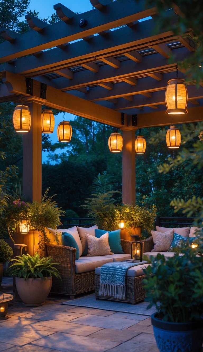 A cozy outdoor pergola lit by warm lantern-style and solar-powered lights with comfortable seating and surrounding greenery.