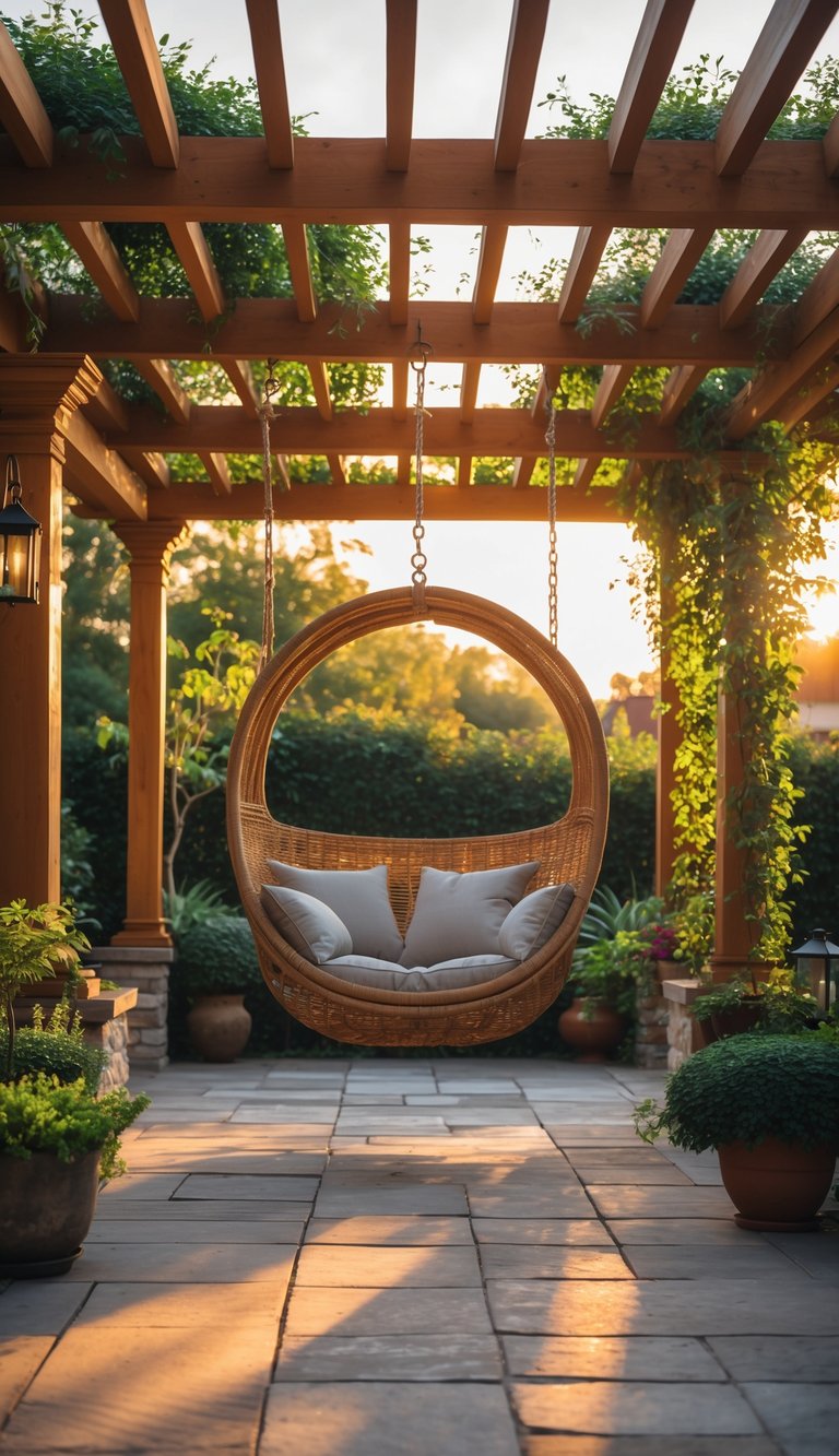 Outdoor patio with a wooden pergola and a hanging swing chair surrounded by plants.