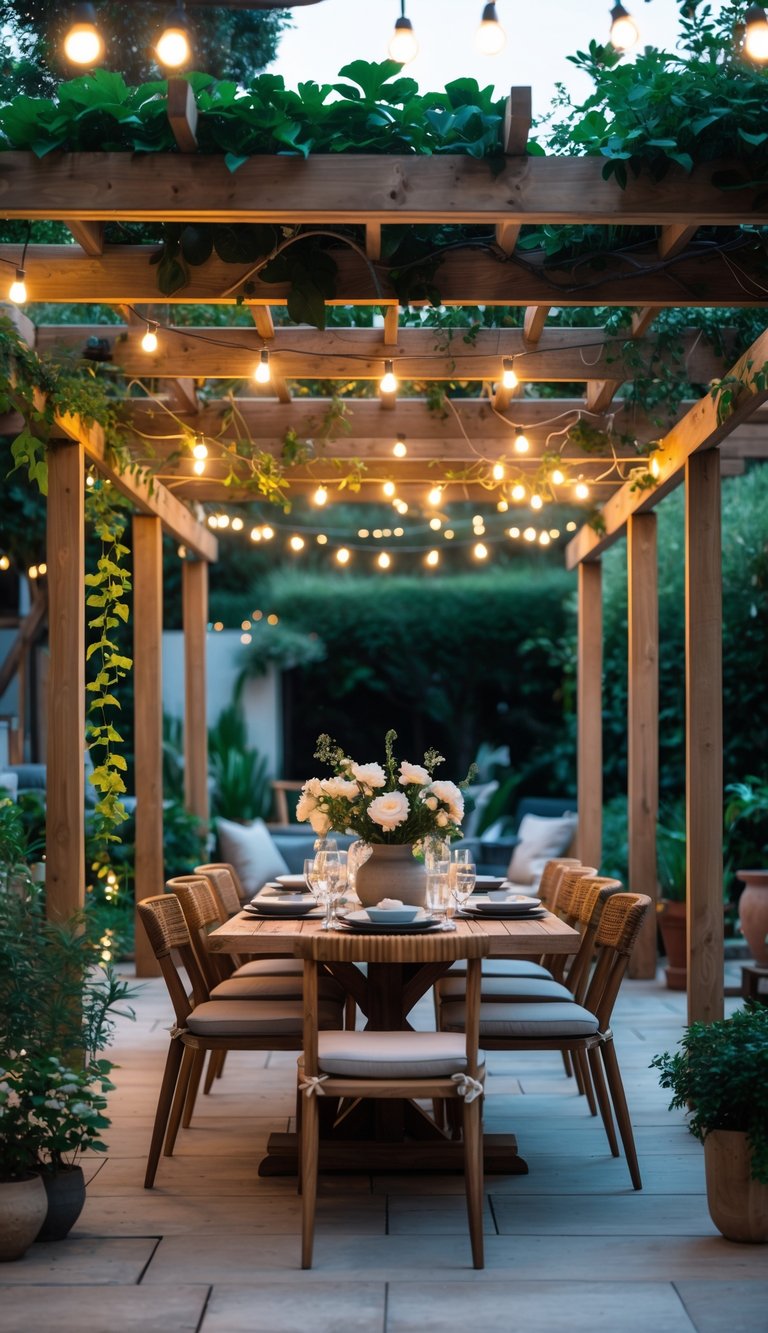 Outdoor dining table set under a wooden pergola with vines and string lights, surrounded by plants on a patio.