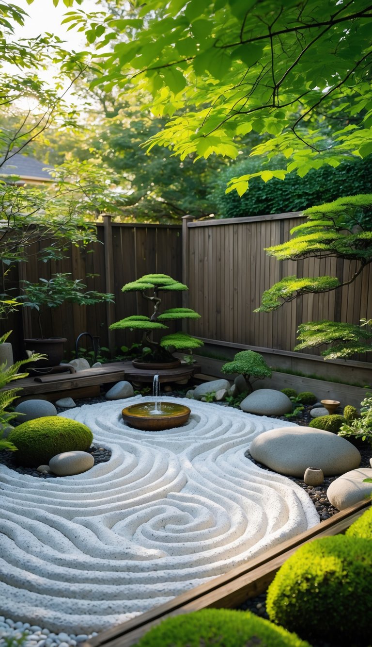 A quiet backyard corner with a zen garden featuring raked gravel, rocks, bonsai trees, and a bamboo water fountain surrounded by greenery.