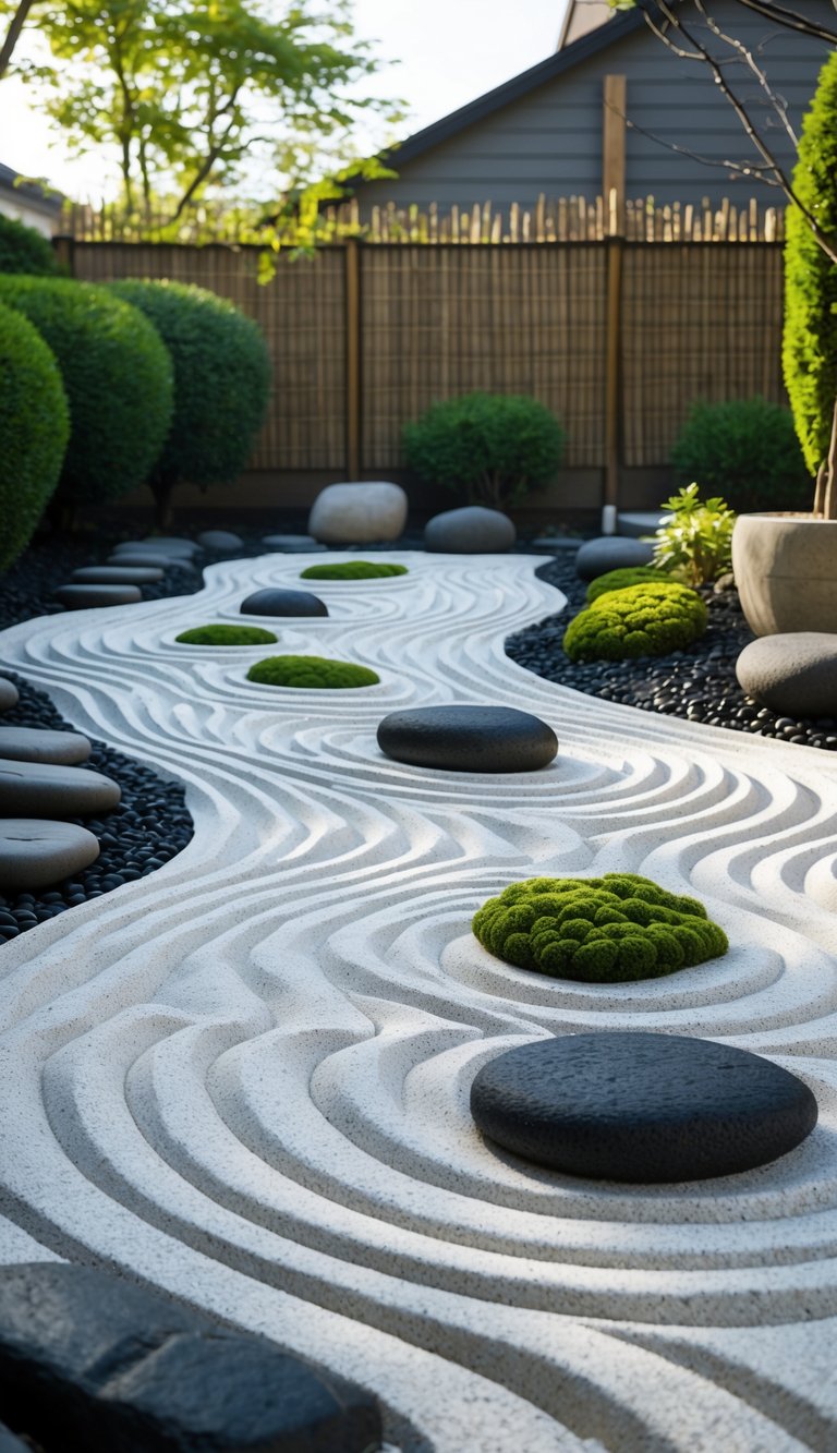 A peaceful backyard Japanese Zen garden with white gravel raked into smooth patterns, dark stones, moss patches, and green plants.