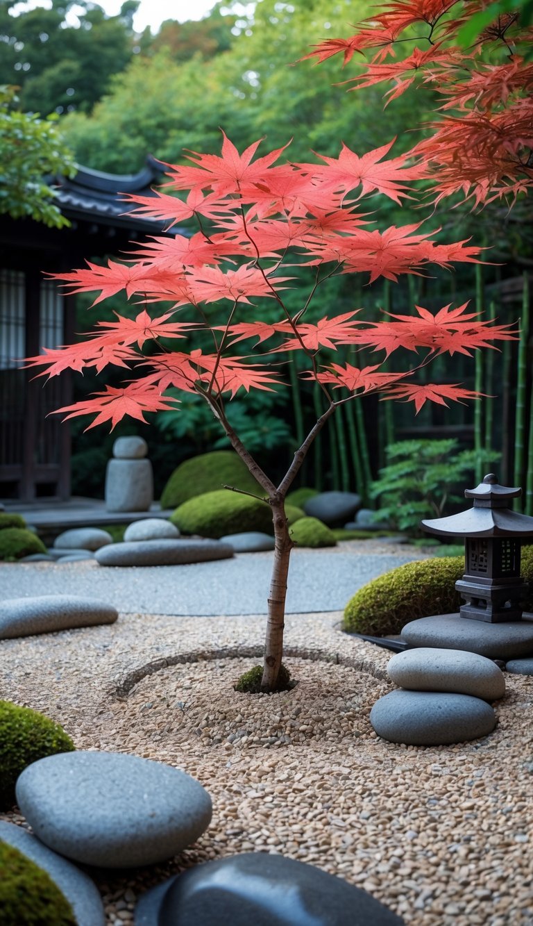 A peaceful Japanese garden with a single red Japanese maple tree surrounded by gravel, stones, and greenery.