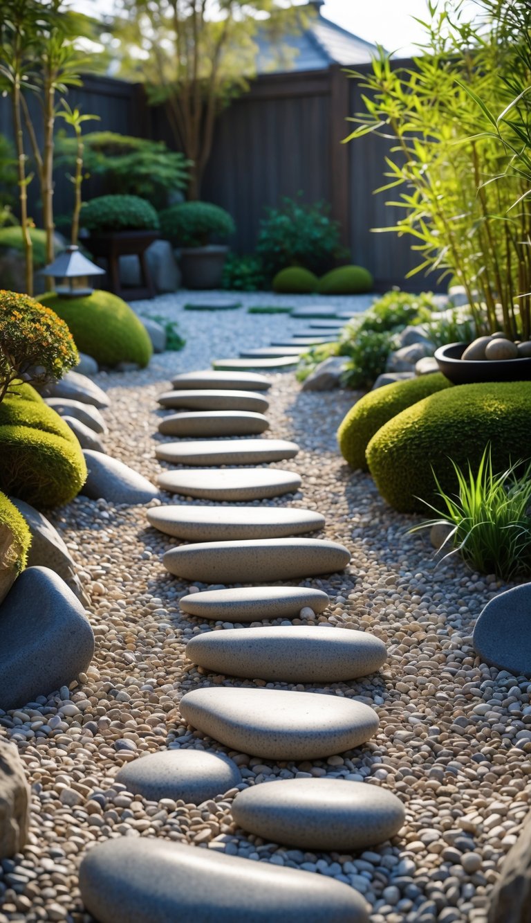 A winding pathway made of smooth river stones surrounded by green plants and gravel in a peaceful backyard garden.