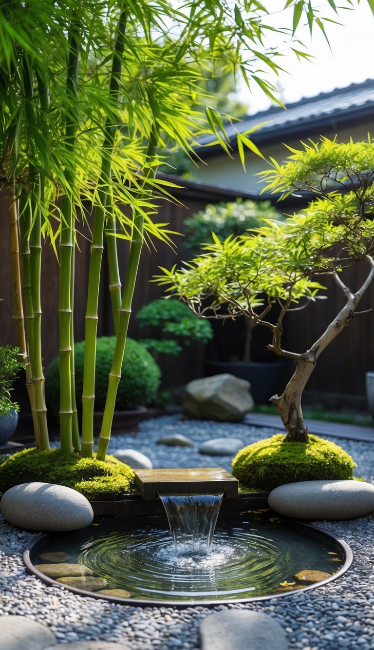 A small bamboo water fountain surrounded by stones and greenery in a peaceful backyard garden.