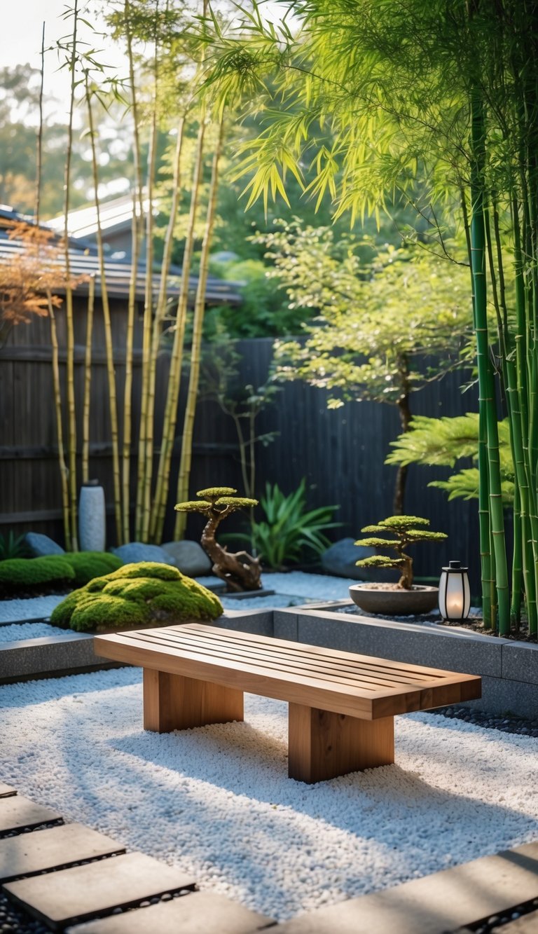 A peaceful backyard Zen garden with a wooden bench on a stone platform surrounded by gravel, moss, bonsai trees, and bamboo plants.