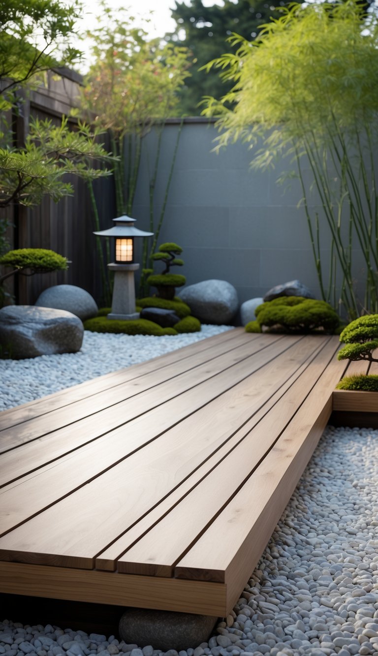 A floating wooden deck surrounded by a Japanese garden with gravel, stones, bonsai trees, and bamboo plants.