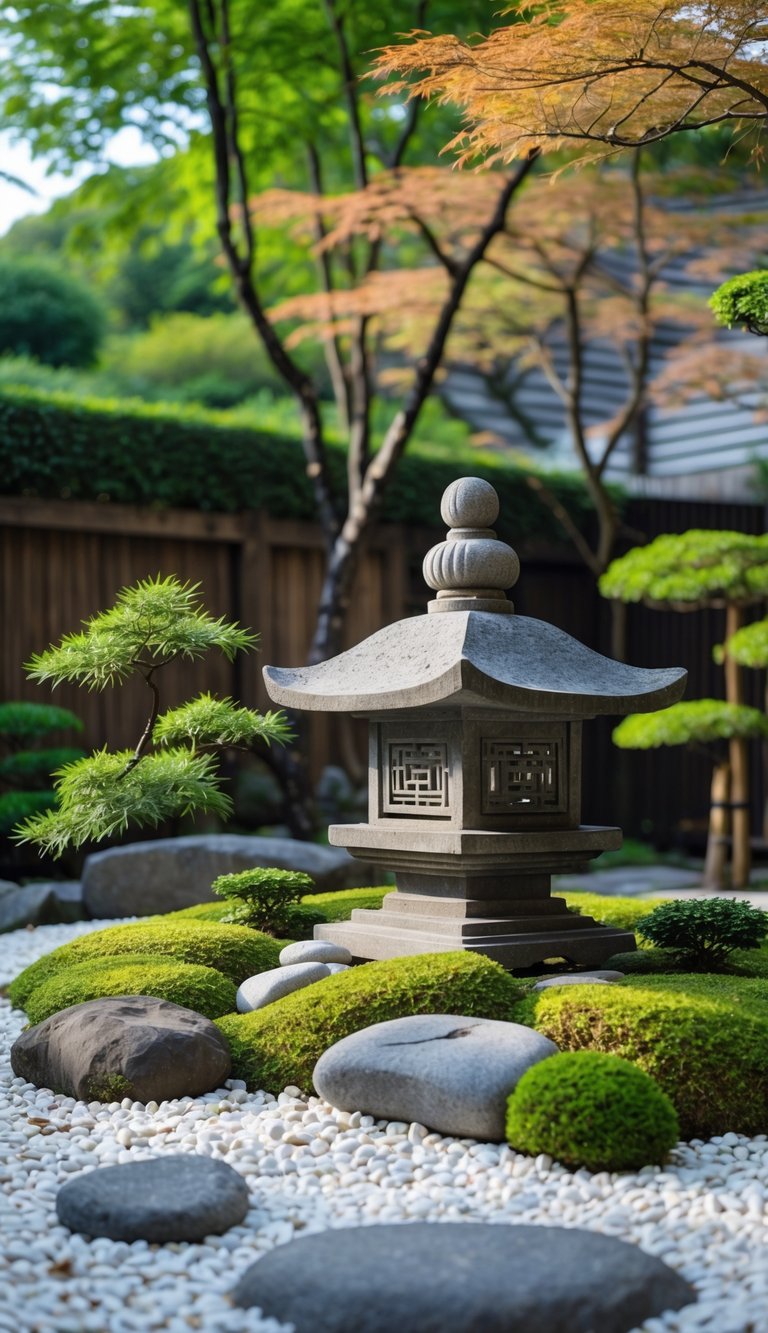 A peaceful backyard Japanese garden with a stone lantern, gravel, moss, bamboo, bonsai, and maple trees.