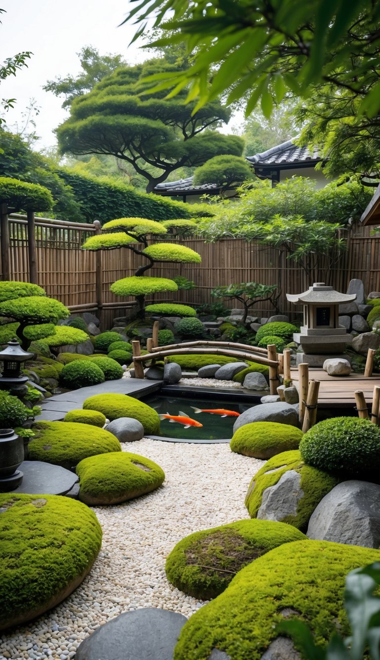 A peaceful backyard Zen Japanese garden with green moss patches, stones, bonsai trees, a koi pond, and a wooden bridge.