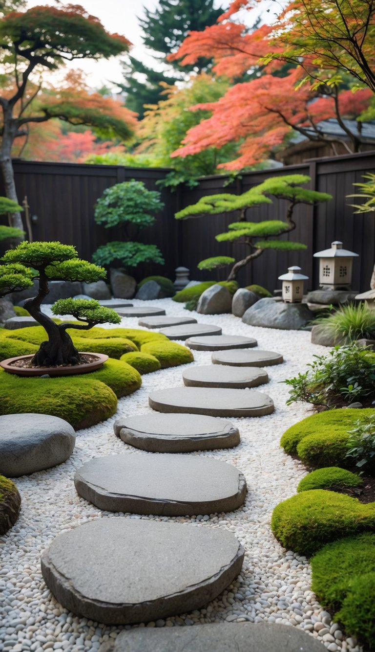 A Japanese Zen garden pathway with large flat stepping stones surrounded by moss, bamboo, bonsai trees, and Japanese maple trees.