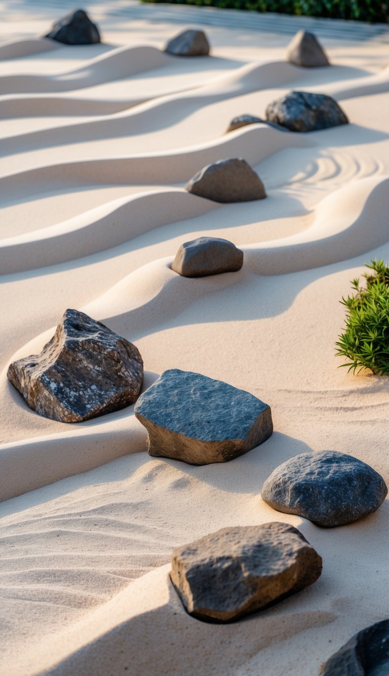 A dry landscape with raked sand and scattered rocks arranged on the ground.
