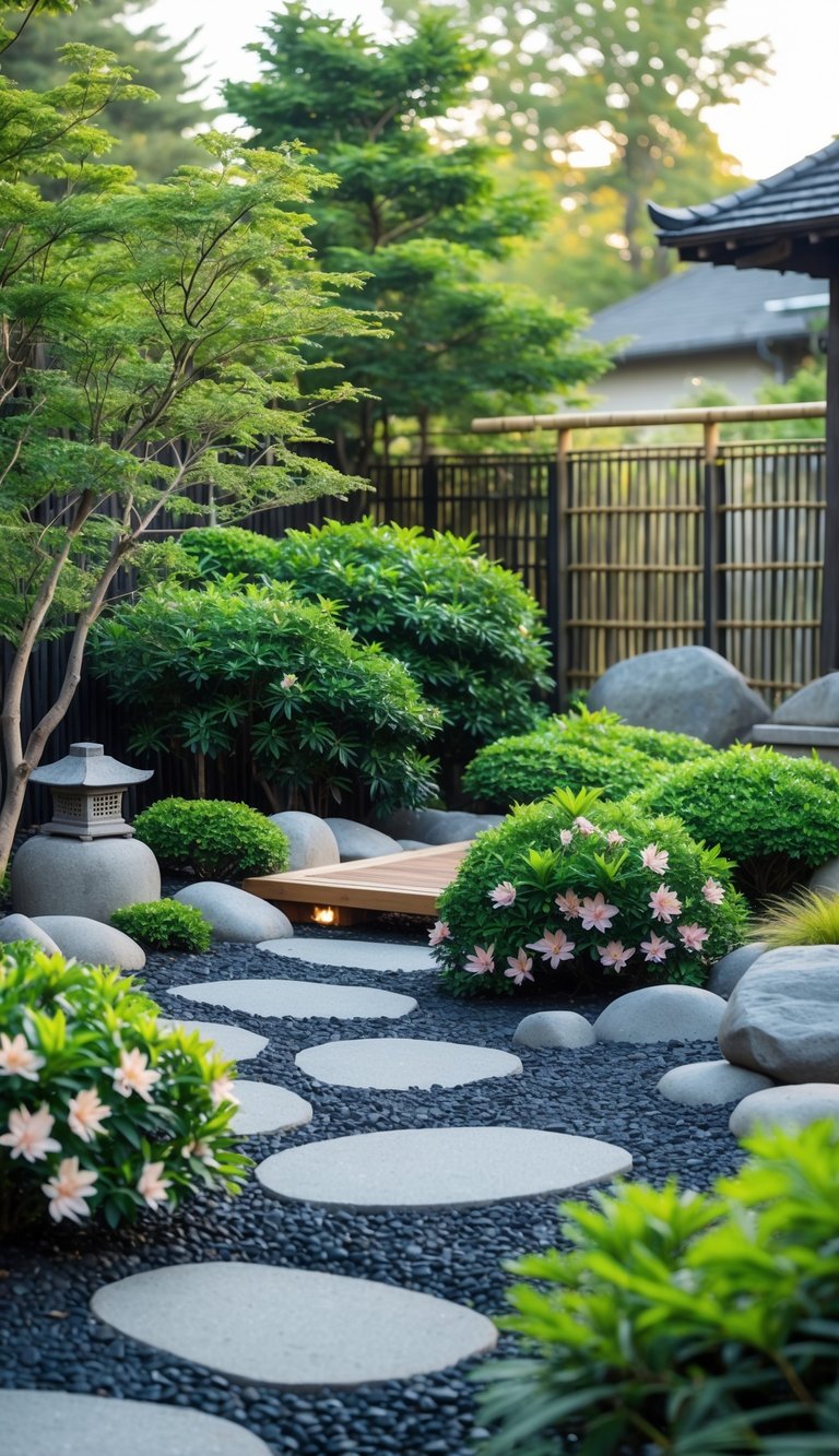 A backyard Zen Japanese garden with evergreen azalea shrubs, stones, gravel patterns, a wooden bridge, bamboo fencing, and a stone lantern.