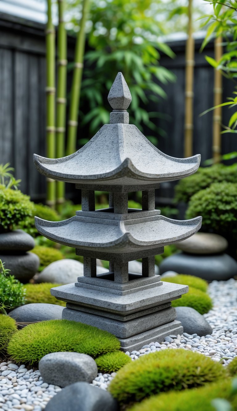 A miniature stone pagoda surrounded by moss, rocks, gravel, bamboo, and shrubs in a peaceful garden setting.