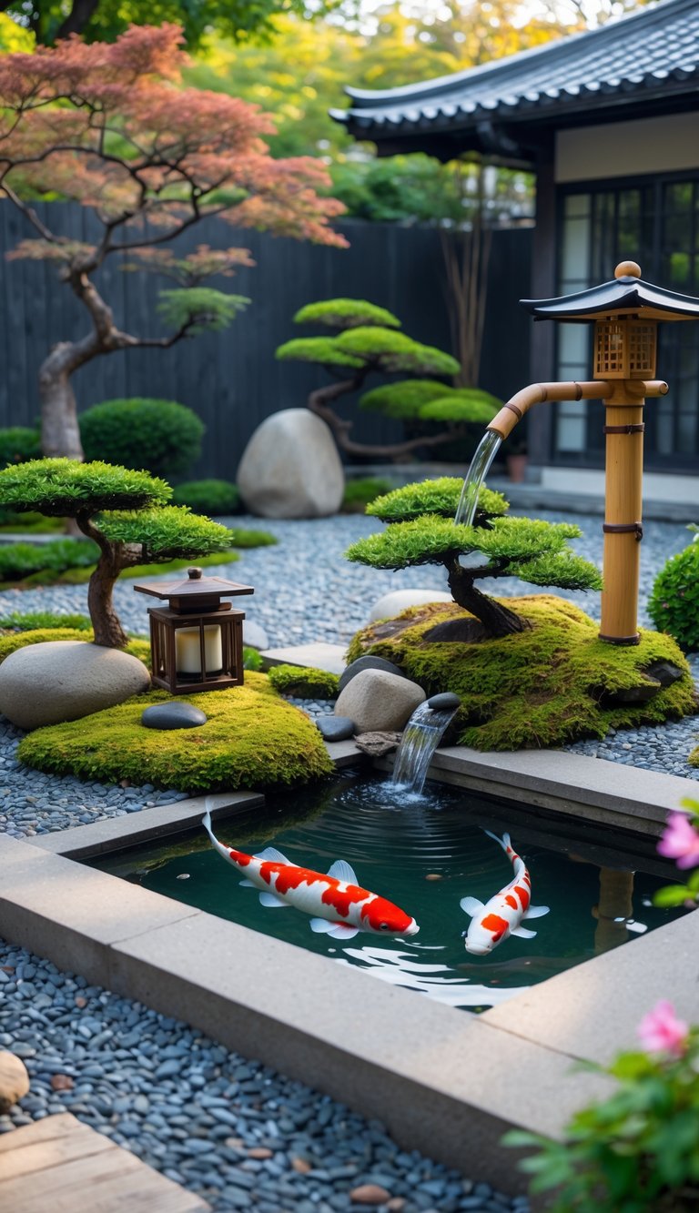 A small koi pond surrounded by stones, bonsai trees, and bamboo water spouts in a peaceful backyard garden.