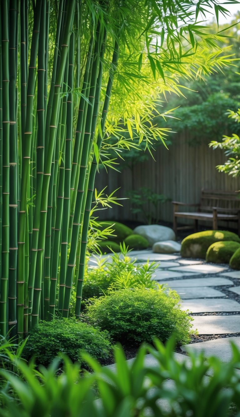 A backyard Japanese garden with tall bamboo plants forming a natural privacy screen and stone pathways.