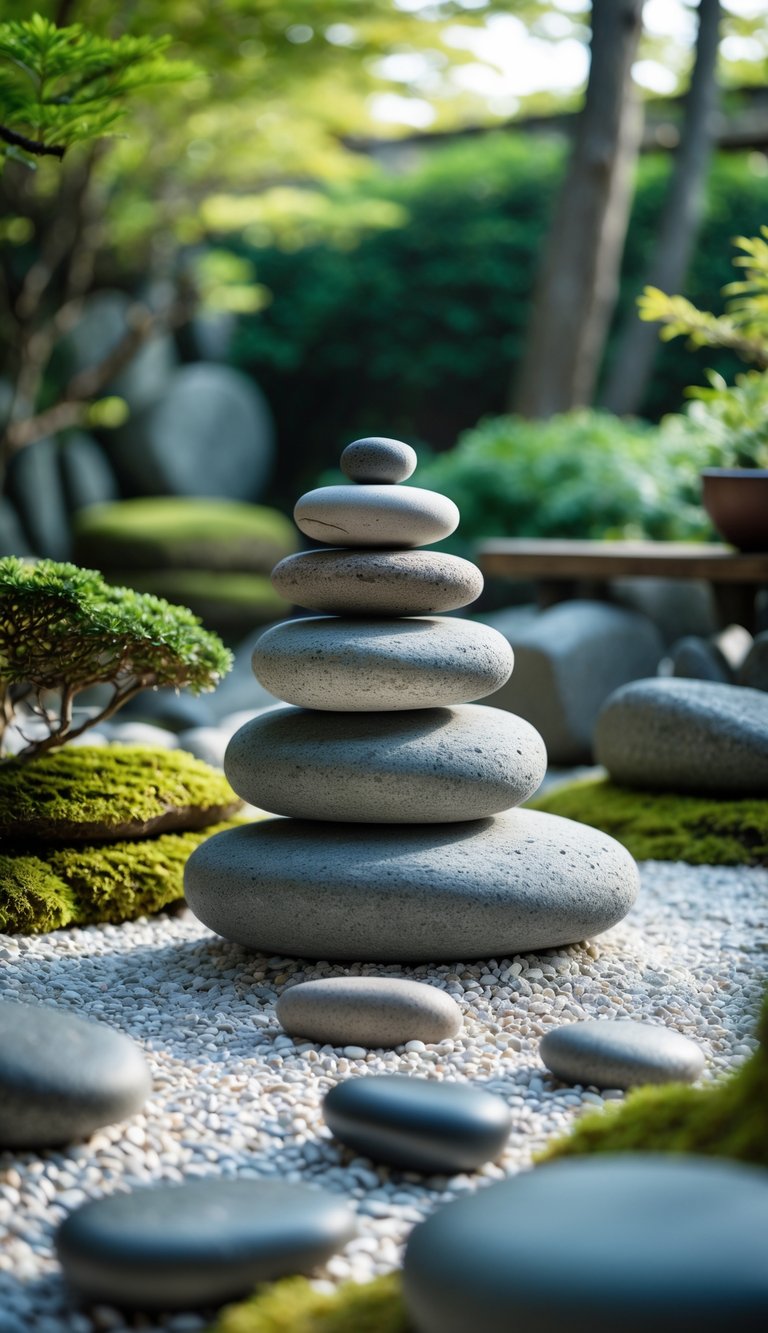A tranquil Japanese garden with a balanced stack of smooth stones surrounded by moss and gravel.