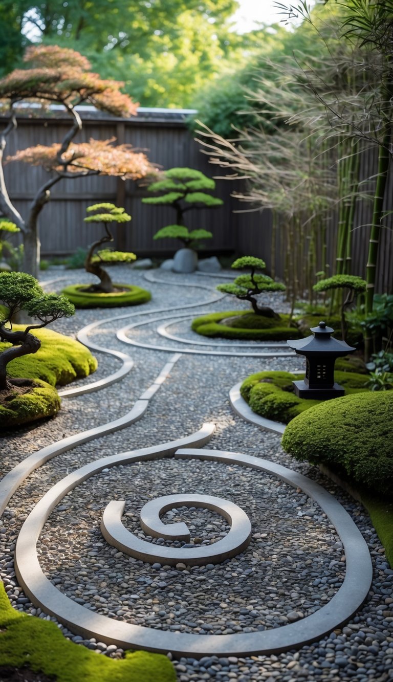 A peaceful backyard Zen garden with a winding gravel and stone labyrinth path surrounded by bonsai trees, moss, bamboo, a stone lantern, and a koi pond.