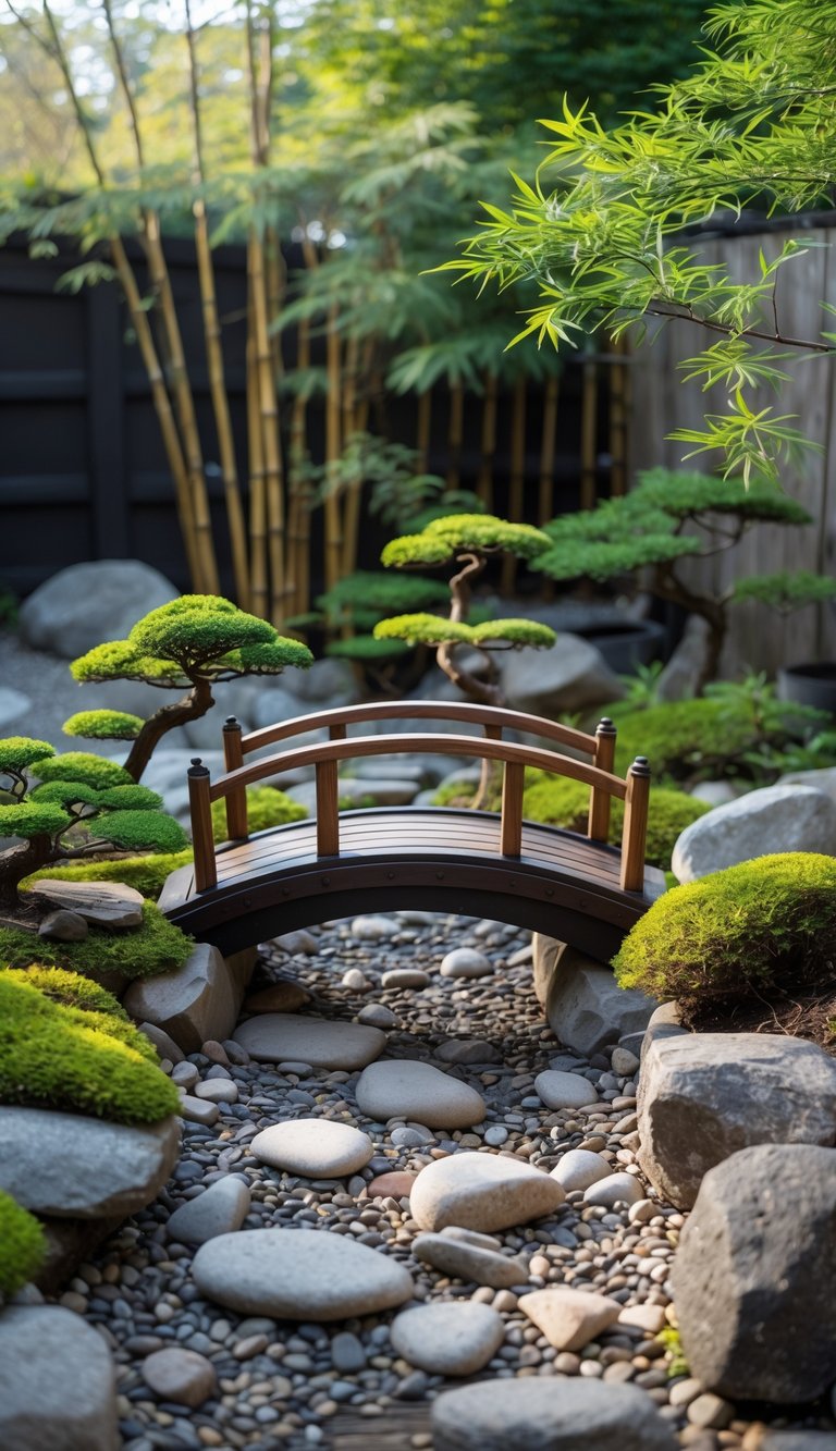 A small wooden bridge over a dry creek bed surrounded by trees, moss, and rocks in a peaceful garden.