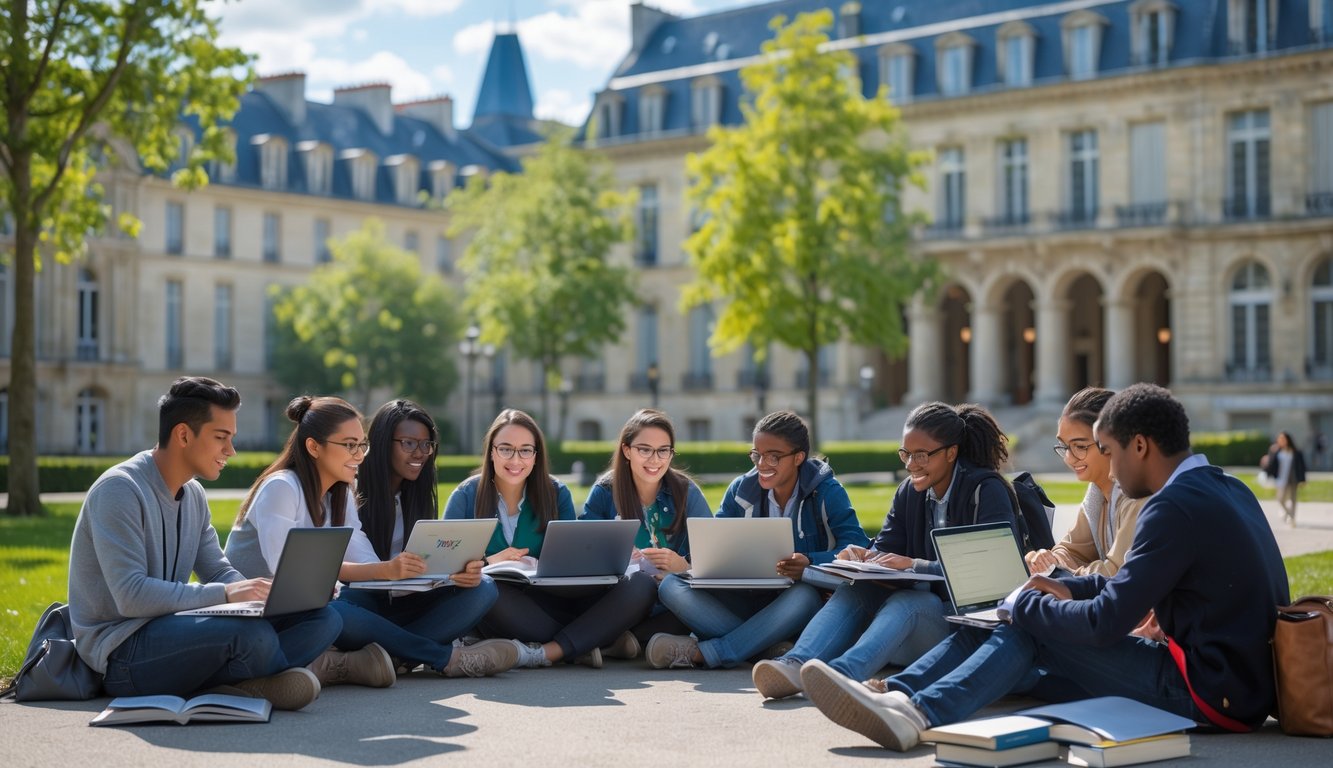 A group of diverse university students studying together outdoors on a university campus with classic European buildings and greenery in the background.