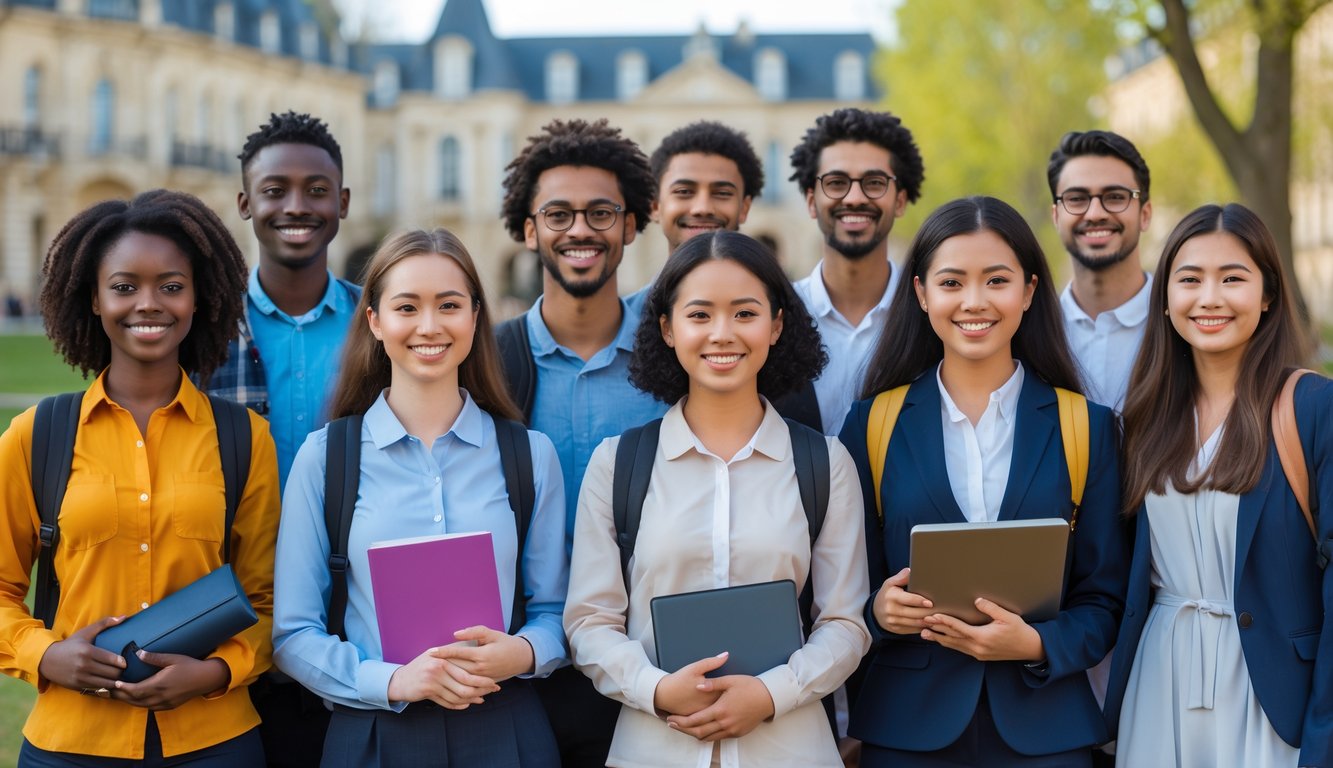 A diverse group of international students standing together outdoors on a university campus with French architecture and trees in the background.